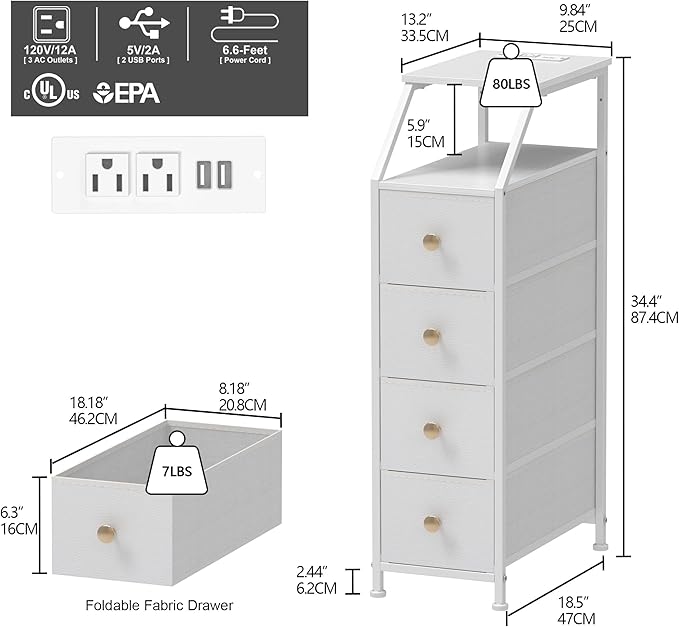 Tohomeor Narrow Dresser Tall Skinny Storage Tower Vertical Slim Chest of Drawers with Charging Station Small Nightstand Side Table for Bedroom, Bathroom, Small Spaces (White, 4 Drawers)