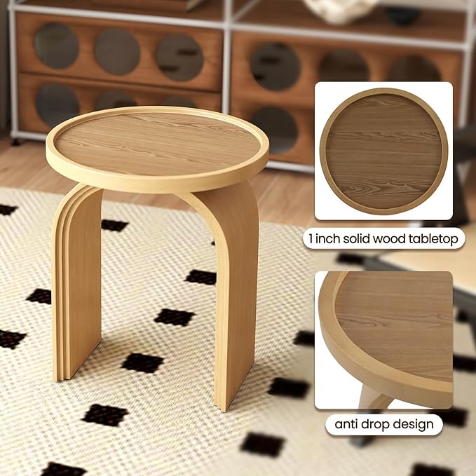 VESCASA 17.75" W Round Sofa Side Table, Modern Nightstand with Arched Wooden Legs, Small Accent End Table for Living Room, Bedroom, Natural Wood