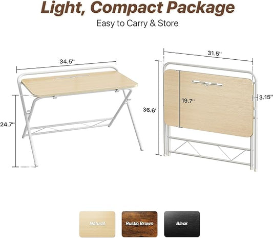 Huuger Folding Desk with 3-Level Adjustable Height and Tablet Slot, 32 Inch Foldable Computer Desk for Small Spaces, Space Saving, Writing Work Table for Home Office, Bedroom, Study, Oak