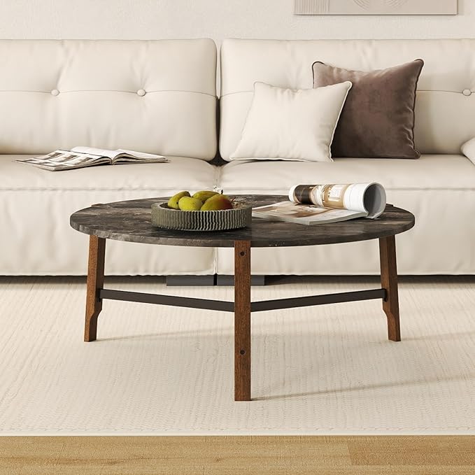 Modern Round Coffee Table, 36’’ Wide Wooden Side Table Mid-Century End Table with Wood Legs Metal Support for Living Room Bedroom, Black