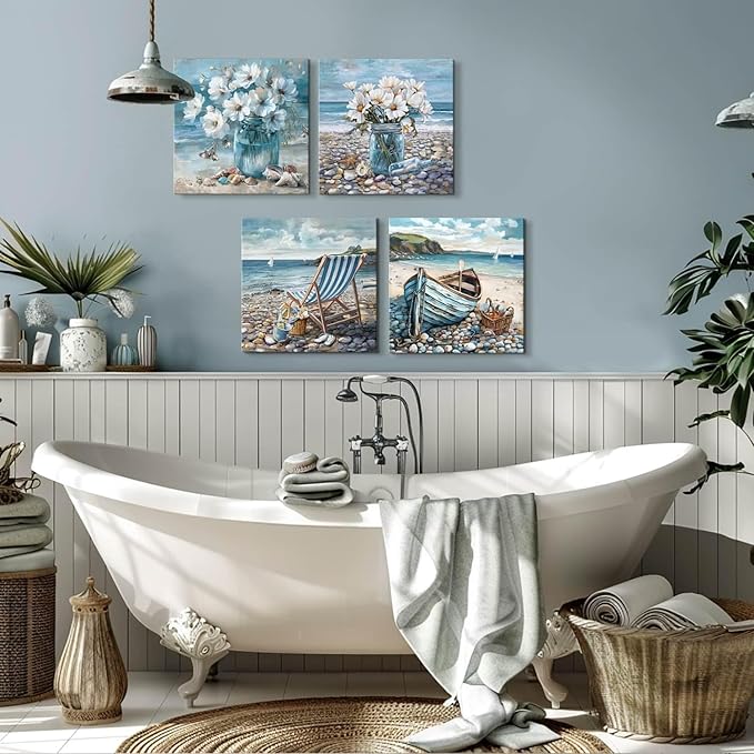 YUEYARIT Bathroom Wall Decor Beach Wall Art Ocean Theme Blue Picture Canvas Print Modern Coastal Artwork Framed Hanging Dining Office Living Room