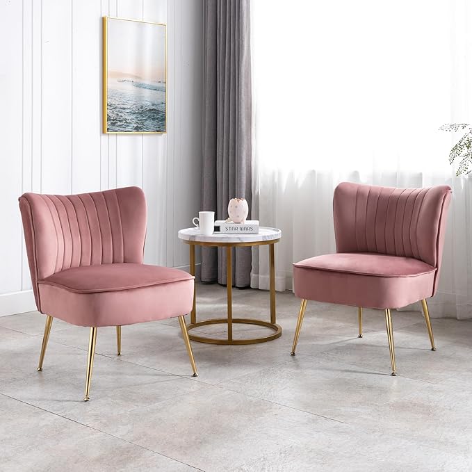 Velvet Accent Chairs Set of 2 Comfy Living Room Chair Armless Slipper Chair Mid Century Side Single Sofa Chair with Golden Legs Wingback for Bedroom Guest Room, Pink