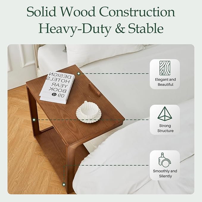C Shaped Rolling End Table with Wheels - Solid Wood Side Table for Couch, Wooden Modern Tv Tray Bedside Tables for Sofa Armchair Living Room Bedroom, Walnut, 15.4 in x 23.6 in x 24.8 in