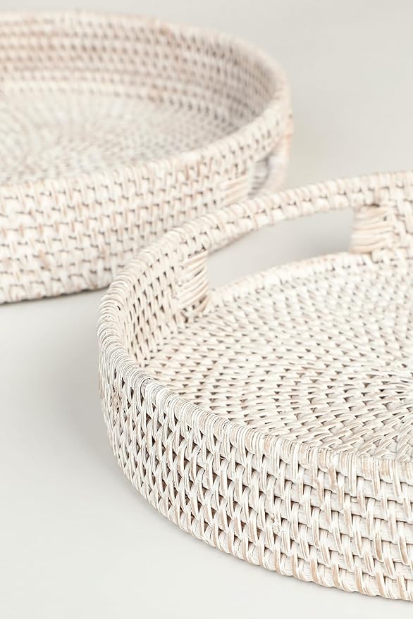HITOMEN 11.8" Hand-Woven Round Rattan Serving Tray Decorative Wicker Trays with Handles for Coffee Table (Whitewash-M)