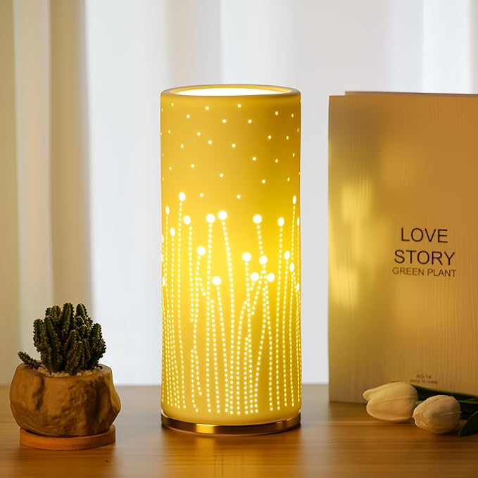 Small Modern Ceramics Bedside Table Lamp, 4.5 x 4.5 x 9.75 Inch White Firework Style Nightstand Lamps, Side Table Lamps for Bedroom Living Room Entryway Table Light