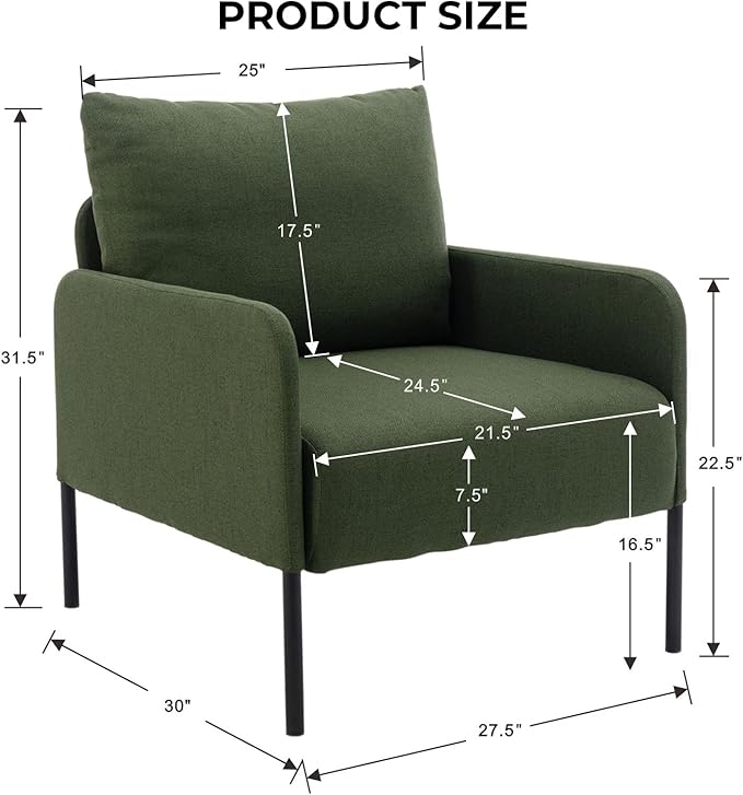 Linen Fabric Living Room Accent Chairs Bedroom Single Sofa Chair, Upholstered Reading Arm Chair Modern Couch w/Comfy Pillow for Waiting Room/Apartment/Dorm, Green