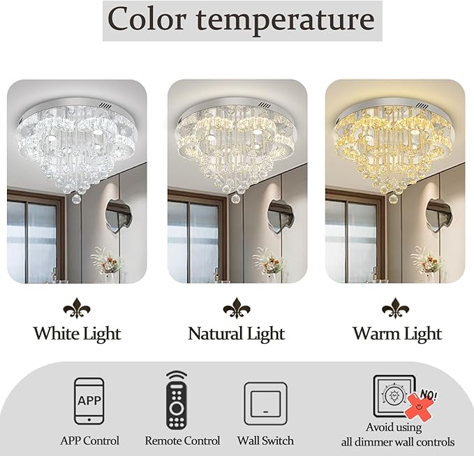 Flashing God W24inches Modern Chandelier for Dining Room Raindrop Crystal Chandelier Luxury Flush Mount Ceiling Light Fixture Ceiling Lamp for Hallway Bedroom Living Room Kitchen