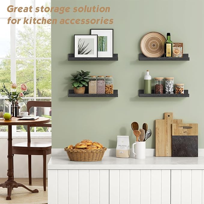 Forbena Black Picture Ledge Shelf, Floating Shelves with Lip for Wall, Small Wall Shelves for Bathroom Bedroom Kitchen Office Living Room Books, Art Pictures, Photo Frame, Plants (4-Pack, Real Wood)