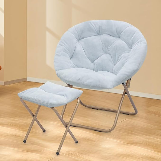 Athena Collection Saucer Chair with Ottoman Comfy Chair for Bed Room Living Room Folding Round Cozy Chair Faux Fur Metal Frame Foldable Lazy Chair Accent Chair Reading Chair Set of 2, Blue