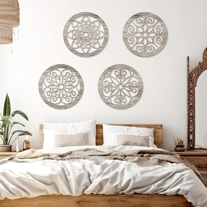 Zzbakress 4 Pieces Farmhouse Wall Decor Rustic Circle Wall Decor Wooden Hollow Carved Round Wall Art for Living Room Bedroom Kitchen Bathroom Home Wall Decoration (Elegant, Retro)