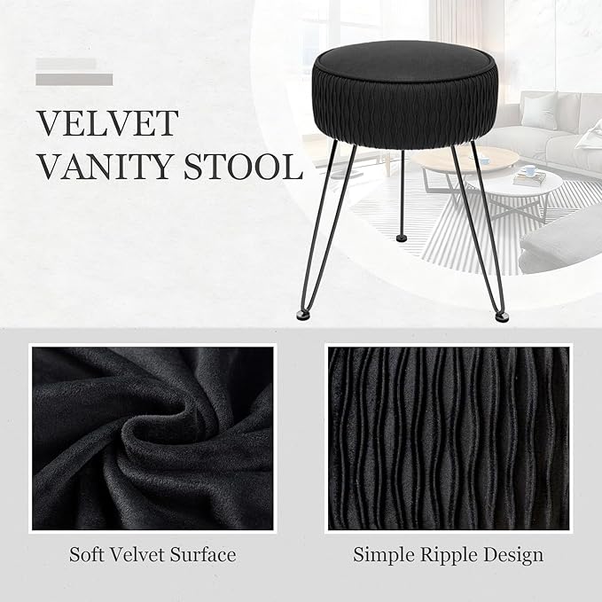 Velvet Vanity Stool Footrests, Round Ottoman Vanity Chairs with Anti-Slip Feet, Dressing Table Seat Foot Stool with Black Legs, Furry Padded Seat Side Table for Makeup Bedroom, Black