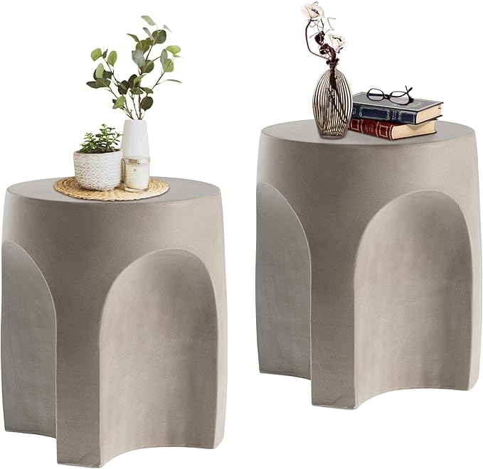 HOMPUS Outdoor Side Table w Arch Shape Set of 2, Unique Patio End Table, Round Lightweight Concrete Accent Table, Modern Vintage Garden Tool for Indoor Use, Grey