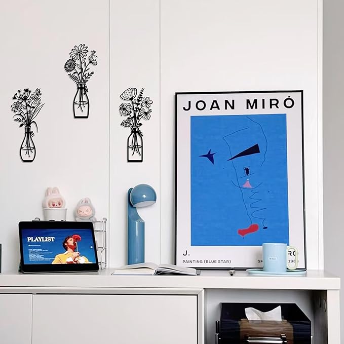 3 Pieces Metal Flowers Wall Art Decor, Farmhouse Minimalist Bathroom Wall Decors Sculptures for Living Room Dining Room Bedroom Housewarming Gifts