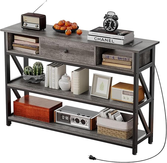 Mexin Console Table with Outlets and USB Ports, Entryway Table with Drawer Storage Shelves, Industrial Wood Hallway Sofa Table for Living Room, Couch, Foyer Table, 47 Inch Grey Oak