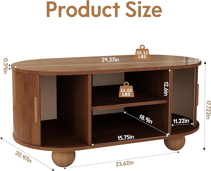 Rectangle Coffee Table, Fluted Coffee Tables for Living Room, Mid-Century Coffee Table Center Table with Storage & Sliding Doors for Apartment, Home Office (Walnut)