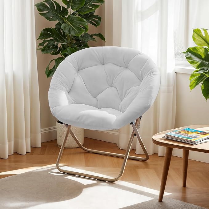 Athena Collection Comfy Saucer Chair Folding Cozy Chair for Bed Room Living Room Accent Chair Faux Fur Reading Chair Foldable Metal Frame Lazy Chair Moon Chair for Adult Set of 2, White