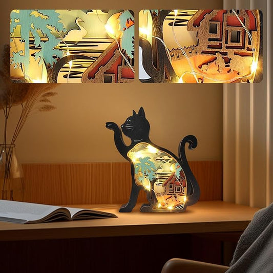 Drawelry 3D Wooden Carving Animals Lamp - Creative Fox Squirrel Wood Carved LED Night Light Garden Yard Wooden Animals Sculpture Ornaments Desktop Home Decor Birthday Gifts for Family Friend (Cat)