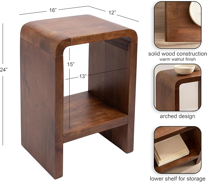 Kate and Laurel Reddy Modern Arched Wood Side Table, 16 x 12 x 24, Walnut Brown, Transitional Two-Tier End Table for Use as a Bedroom Nightstand or Small Record Player Stand
