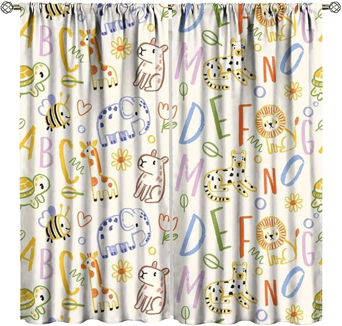 BAEKJIN Kids Alphabet Curtains， Hand Drawn Colorful ABC Letters and Animals Pattern Print Decor Window Drapes for Bedroom Living Room 42x45 Inch