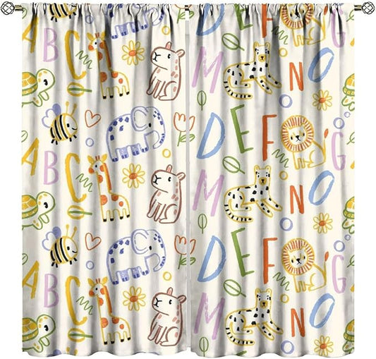 BAEKJIN Kids Alphabet Curtains， Hand Drawn Colorful ABC Letters and Animals Pattern Print Decor Window Drapes for Bedroom Living Room 42x45 Inch