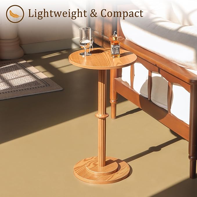 MaxSmeo Drink Table, Small Side Table for Small Spaces, Modern Round End Table with Fluted Wood Leg, Brown