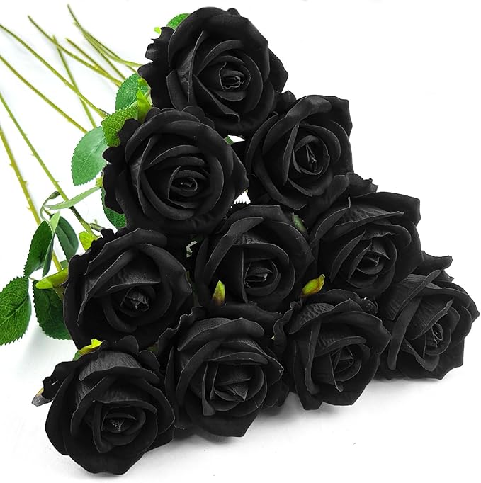 10 PCS Artificial Roses with Long Stems Silk Flowers Realistic Foam Flowers Fake Roses for Valentine's Day Home Wedding Halloween Decor(Black)