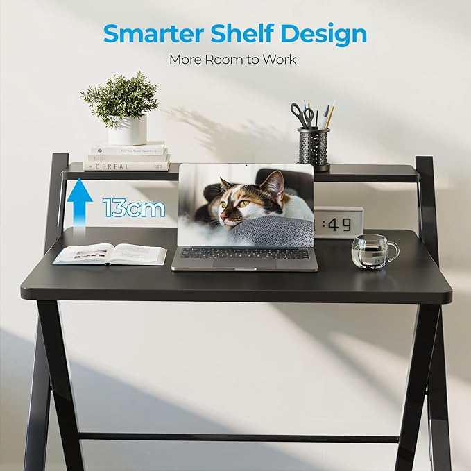 GreenForest No Assembly Folding Desk, 2-Tier Compact Computer Desk with Shelf, Space Saving Foldable Table for Home Office, Dorm or Apartment, Portable Collapsible Sturdy Laptop Desk, Black