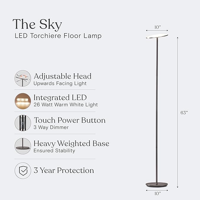 Brightech Sky LED Floor lamp, Torchiere Super Bright Floor Lamp for Living Rooms & Offices - Dimmable, Tall Standing Lamp for Bedroom Reading - Brushed Nickel