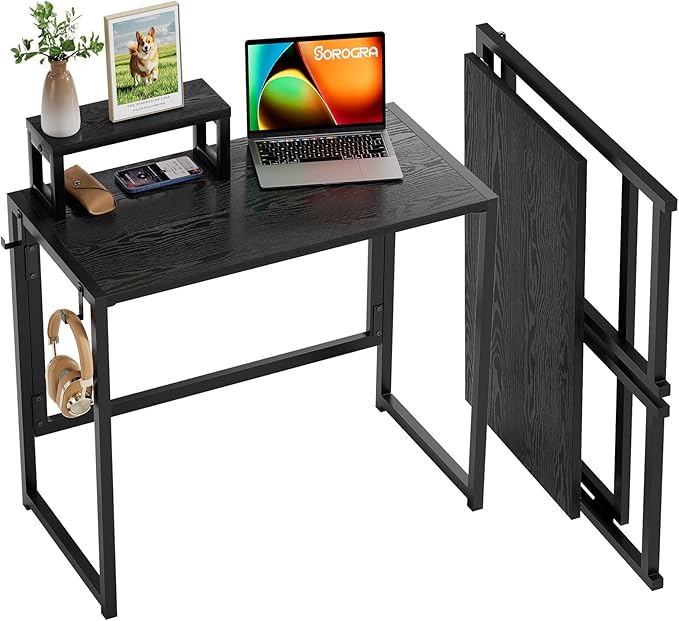 Folding Desk with Monitor Stand, 31.5 Inch Foldable Computer Desk with Hook, Sturdy Small Space Saving Writing Table for Home Office Dorm, Black