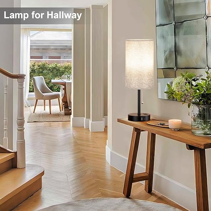 17.4Inches Grey Bedside Lamp for Bedroom Nightstand - Tall Table Lamp with USB A + C Charging Port & AC Outlet, 3 Color Temperatures Pull Chain Light, Side Table Desk Reading Lamp for Living Room