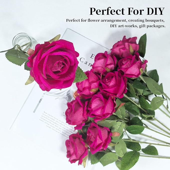 10 PCS Artificial Roses with Long Stems Silk Flowers Realistic Foam Flowers Fake Roses for Valentine's Day Home Wedding Decor(Freud)