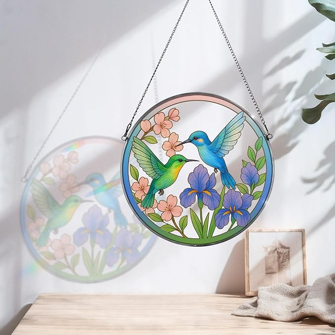 Stained Glass Sun Cather for Window Hanging, 6.3'' Hummingbird Suncatcher with Flowers for Indoor Ornament, Bird Stain Glass Home Decor for Women, Mother