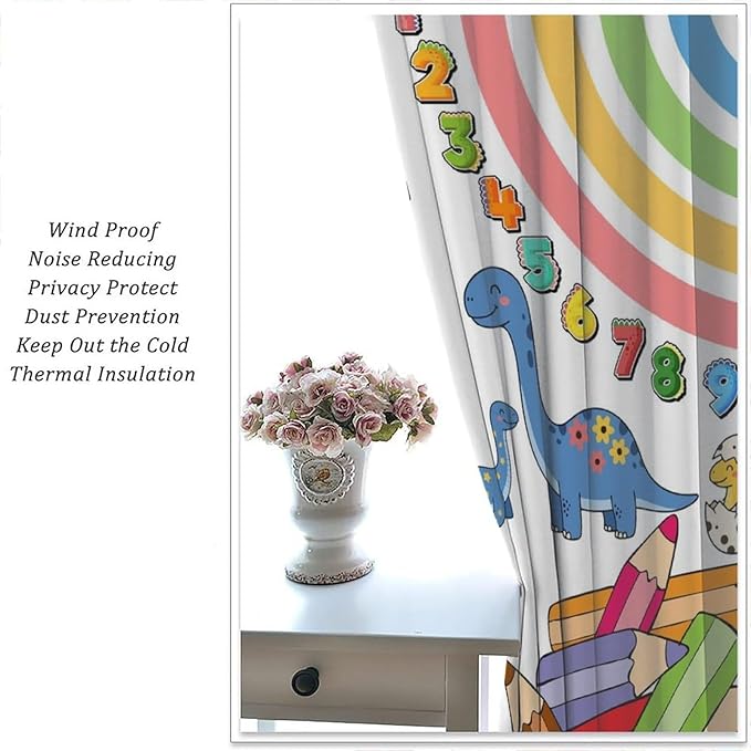 BAEKJIN Dinosaur Alphabet Curtains，Numeration Table and Catoon Dinosaur Pattern Print Decor Window Drapes for Kids Bedroom Living Room 42x45 Inch