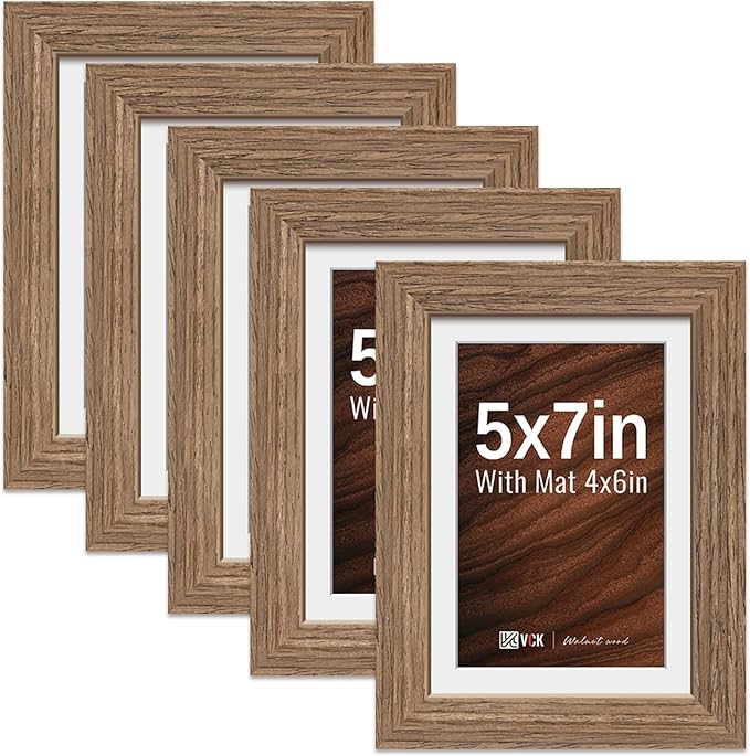 VCK 5x7 Picture Frame 5 Pack - Walnut, High-End Wood Poster Frames with Tempered Glass, Display 4x6 Photo with Mat or 5x7 without Mat, Art Gallery-Quality, Wall Hanging/Tabletop, Walnut