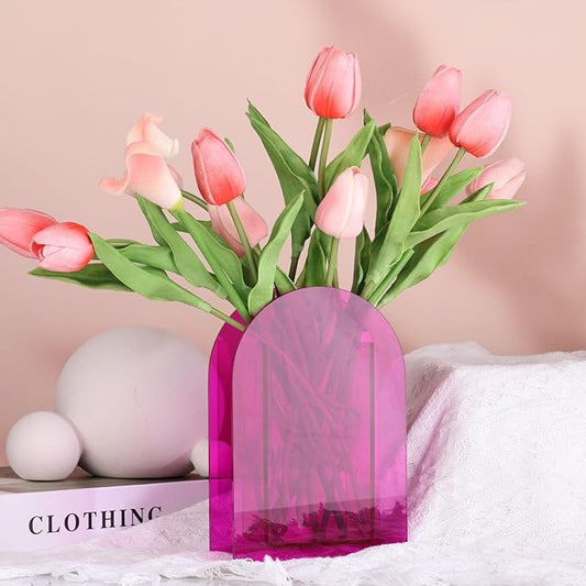 Purple Acrylic Vase Arched for Modern Aesthetic Room Decor, Hot Pink Acrylic Vase Decorative Centerpiece for Home or Wedding Office