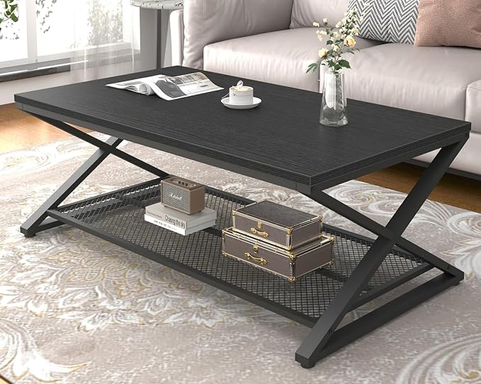 LVB Black Coffee Table, Wood Metal 2 Tier Center Tables with Storage Shelf, Modern Rectangular Concrete Tea Table for Living Room, Wooden Middle Cocktail Table for Office Bedroom, 47 inch, Black Oak