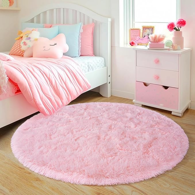 4'x4' Round Pink Rugs for Girls Bedroom, Ultra Soft Fluffy Circle Rug for Kids Room, Cute Shag Rugs for Living Room Playroom Tent Castle Home Decor Rug