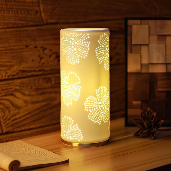 Small Modern Ceramics Bedside Table Lamp, 4.5 x 4.5 x 11 Inch White Flowers Style Nightstand Lamps, Side Table Lamps for Bedroom Living Room Entryway Table Light