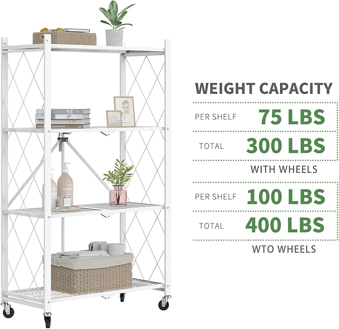 50" H 4 Tier Foldable Storage Shelf with Wheels, Folding Shelving Loads 400 LBS, Metal Steel Garage Shelves, Rolling Standing Utility Rack for Kitchen, Pantry, Office, White
