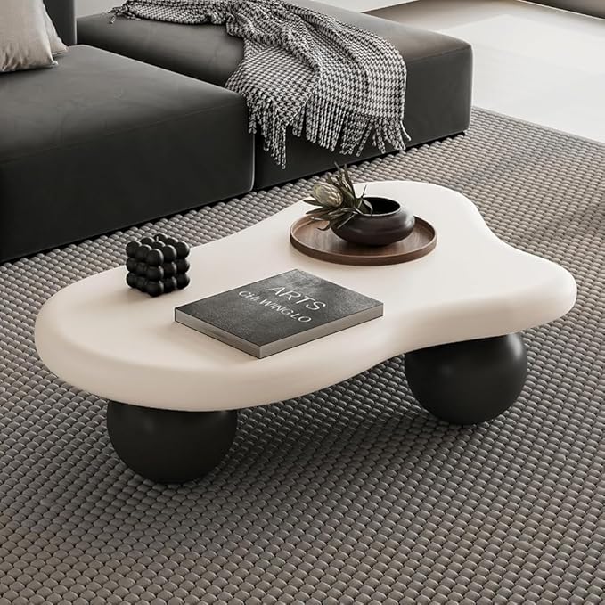 40" Cloud Coffee Table for Living Room Irregular Coffee Table Modern Low Coffee Tables Cute Small Center Table with 3 Ball Legs for Small Space Apartment White & Black
