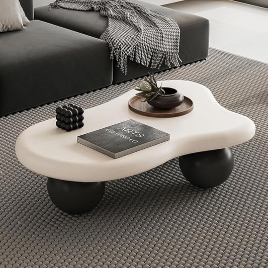 40" Cloud Coffee Table for Living Room Irregular Coffee Table Modern Low Coffee Tables Cute Small Center Table with 3 Ball Legs for Small Space Apartment White & Black