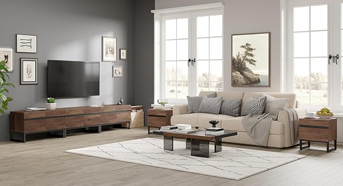 WAMPAT 2 Pack Modern End Table with 2 Drawers, Farmhouse Sofa Table with Black Square Iron Leg, Wood Rustic Side End Table for Living Room, Nighstand for Bedroom, Brown