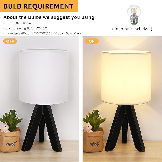 HAITRAL Wooden Tripod Table Lamp with Black Base, Small Table Lamp Bedsides Lamp with Linen Fabric Shade, Nightstand Lamp Cute Night Lamp for Bedroom,Kids Room,Nursery,Dorm