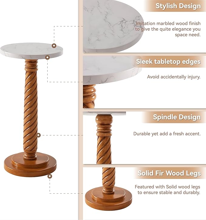 COZAYH Pedestal Small Drinking Table, Farmhouse Tray Top End Table, Distressed Finish, White Tabletop, Wooden Legs