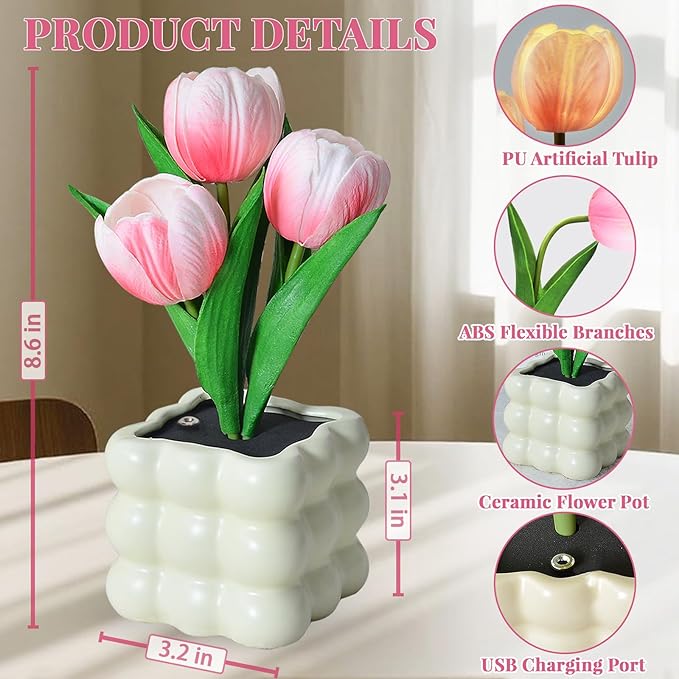 Tulip Table Lamp, Touch Stepless Dimming Night Light, USB Rechargeable Small Desk Lamp, LED Tulip Artificial Flower Lamp Aesthetic for Bedroom Home Living Room Decor (Pink Tulip - USB)