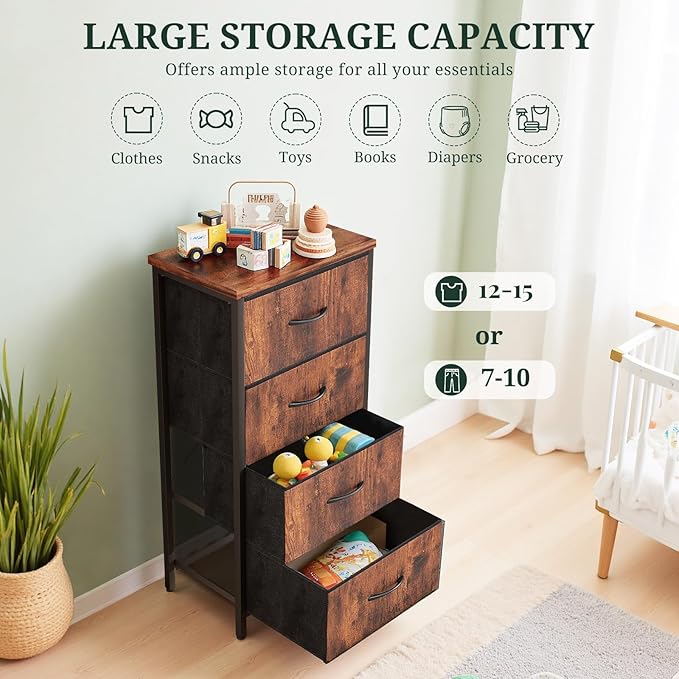 Nightstand, 4 Drawer Dresser End Table Bedside Furniture with Wooden Top Steel Frame Fabric Bins for Bedroom, Closet, Entryway, Dorm, Living Room, Brown