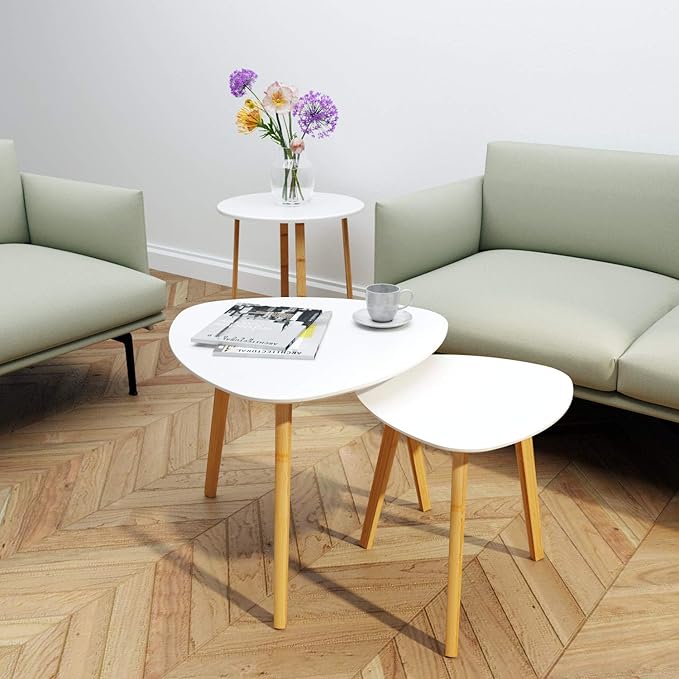 BAMEOS Bamboo Nesting Triangle End Table,Set of 2 Coffee Table Modern Minimalist Side Table for Living Room, Balcony in White