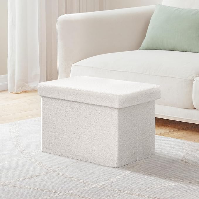 B FSOBEIIALEO Storage Ottoman Cube Small Sherpa Ottoman Foot Rest, Foldable Portable Boucle Ottomans, Faux Teddy Fur, Cream White 16.5"x12.6"x12.6"