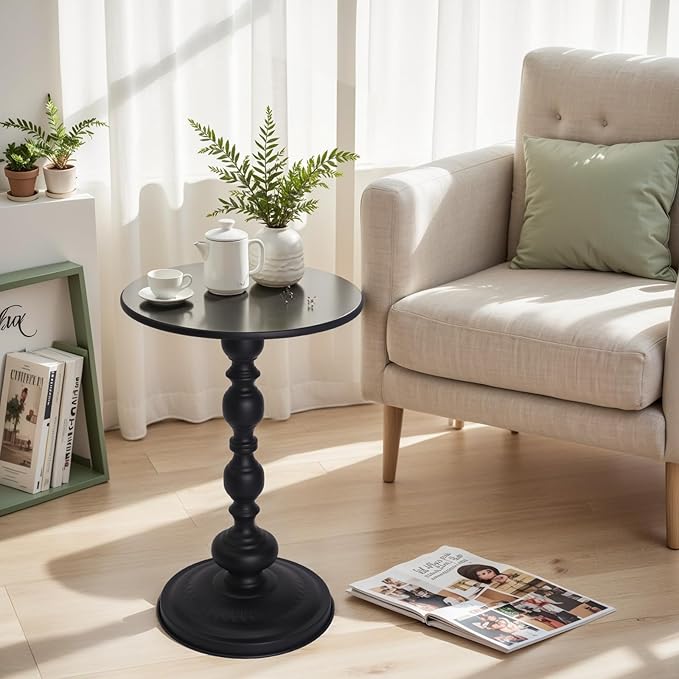 Metal Small Round End Table,Vintage Bedside Drink Table Nightstand for Small Spaces,Modern Accent Pedestal Tables Coffee Tables for Living Room, Bedroom, Corners, Patio,Black