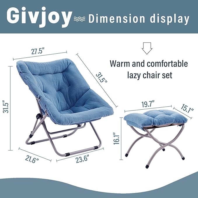 Comfy Folded Chair with Ottoman, Oversized Folding Faux Fur Chair Soft Furry Lounge Lazy Chair with Metal Frame Moon Chair Accent Chair for Bedroom, Living Room, Dorm Rooms